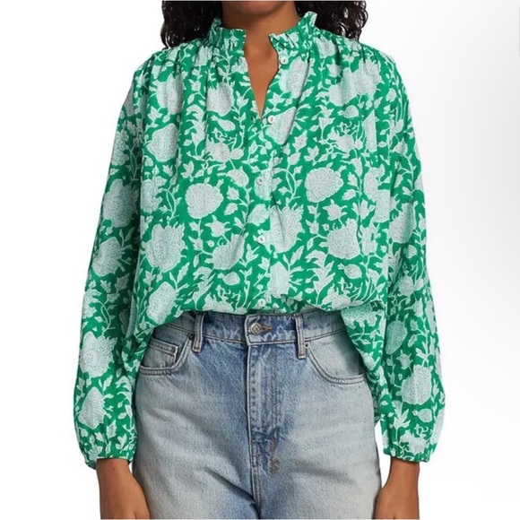 Mille Resort Francesca Floral Blouse Green Zinnia Ruffle Button Front Womens XXS - Picture 1 of 14